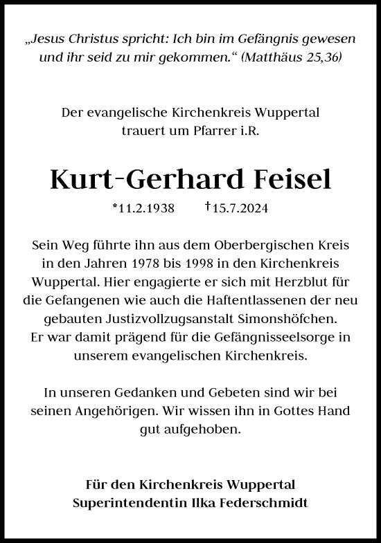 Traueranzeige von Kurst-Gerhard Feisel von trauer.wuppertaler-rundschau.de