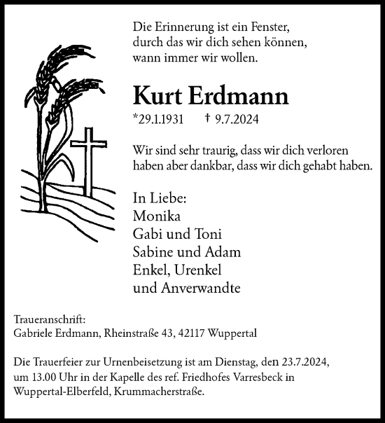 Traueranzeige von Kurt Erdmann von trauer.wuppertaler-rundschau.de