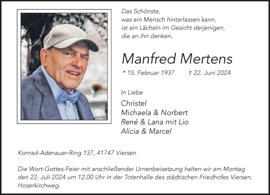 Traueranzeige von Manfred Mertens von trauer.extra-tipp-moenchengladbach.de