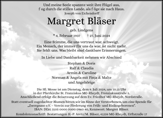 Traueranzeige von Margret Bläser von trauer.extra-tipp-moenchengladbach.de