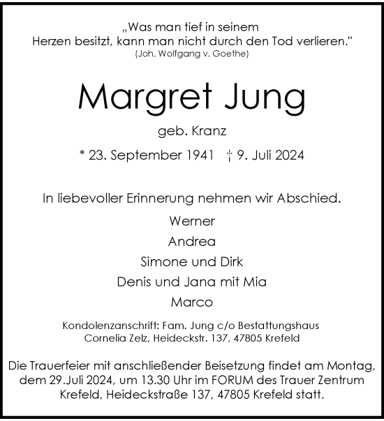 Traueranzeige von Margret Jung von trauer.extra-tipp-moenchengladbach.de