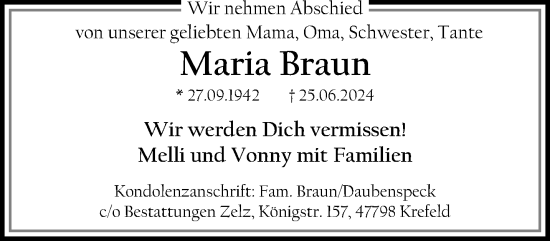 Traueranzeige von Maria Braun von trauer.extra-tipp-moenchengladbach.de