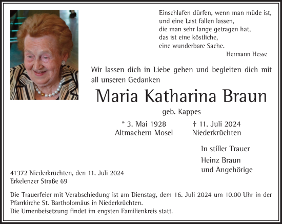 Traueranzeige von Maria Katharina Braun von trauer.extra-tipp-moenchengladbach.de