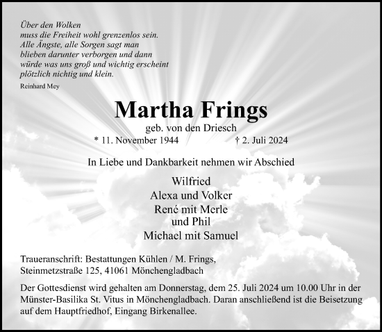Traueranzeige von Martha Frings von trauer.extra-tipp-moenchengladbach.de