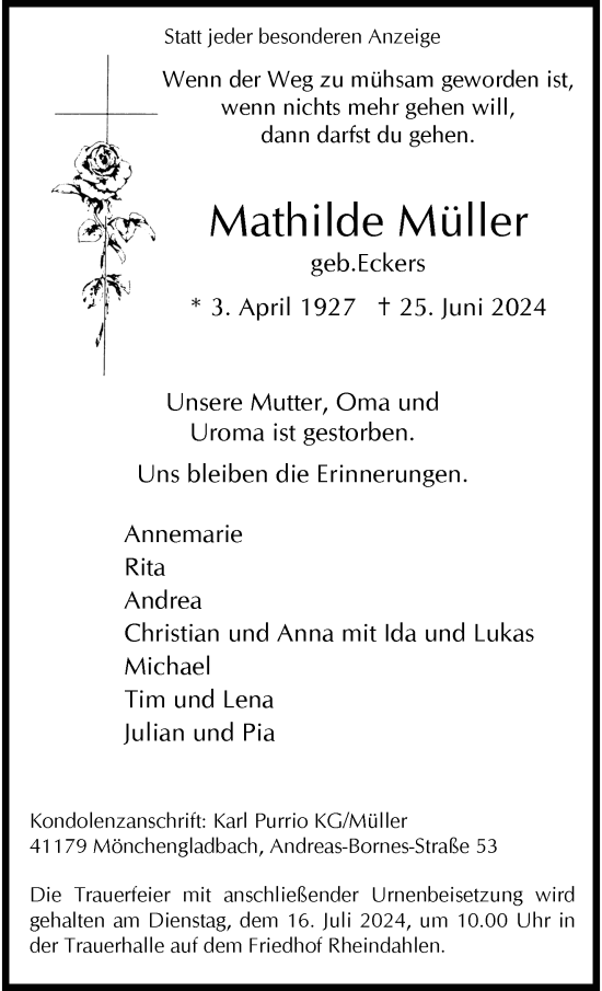 Traueranzeige von Mathilde Müller von trauer.extra-tipp-moenchengladbach.de