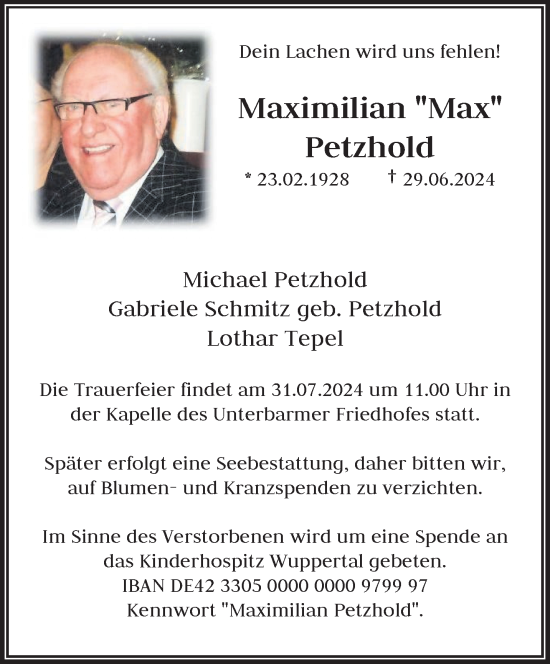 Traueranzeige von Maximilian Petzhold von trauer.wuppertaler-rundschau.de