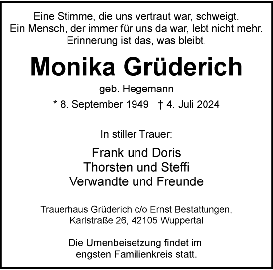Traueranzeige von Monika Grüderich von trauer.wuppertaler-rundschau.de