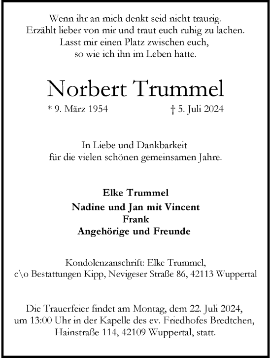 Traueranzeige von Norbert Trummel von trauer.wuppertaler-rundschau.de