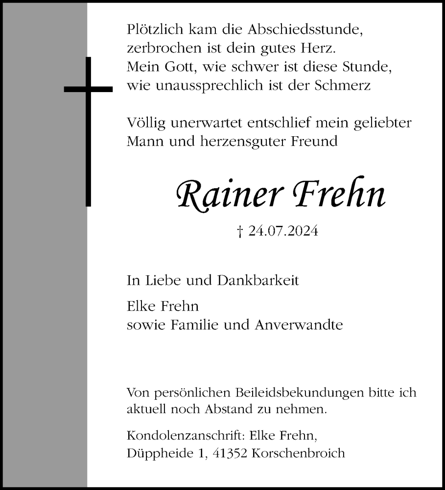  Traueranzeige für Rainer Frehn vom 28.07.2024 aus trauer.extra-tipp-moenchengladbach.de