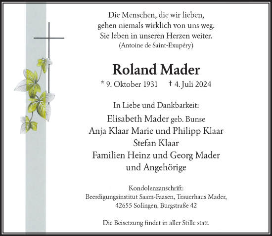 Traueranzeige von Roland Mader von trauer.wuppertaler-rundschau.de