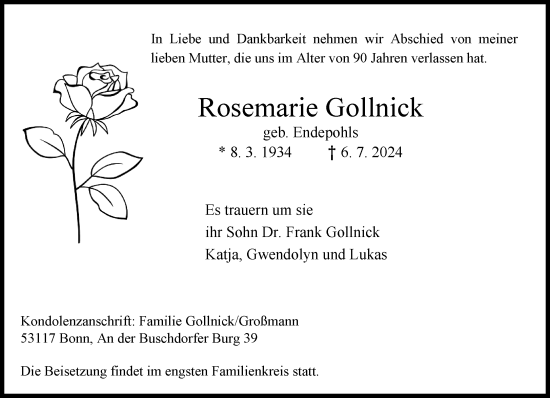 Traueranzeige von Rosemarie Gollnick von trauer.extra-tipp-moenchengladbach.de