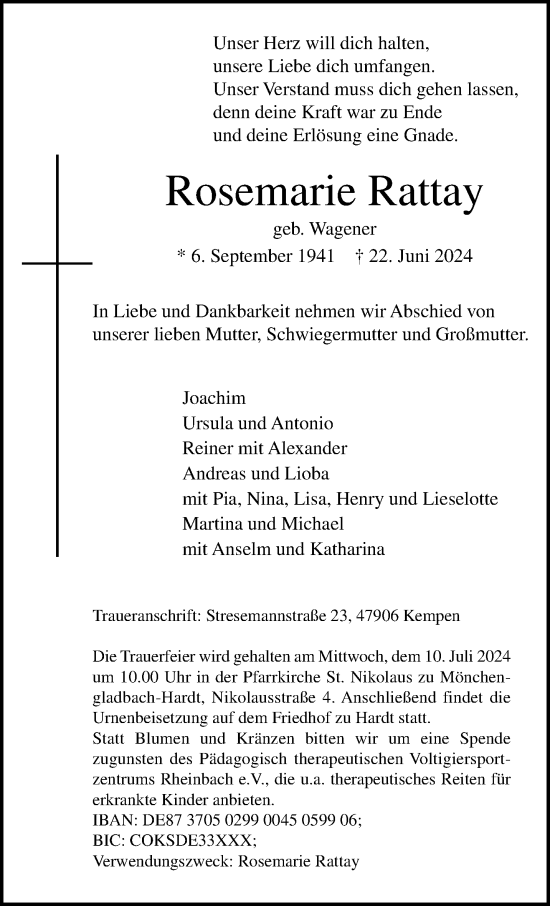 Traueranzeige von Rosemarie Rattay von trauer.extra-tipp-moenchengladbach.de