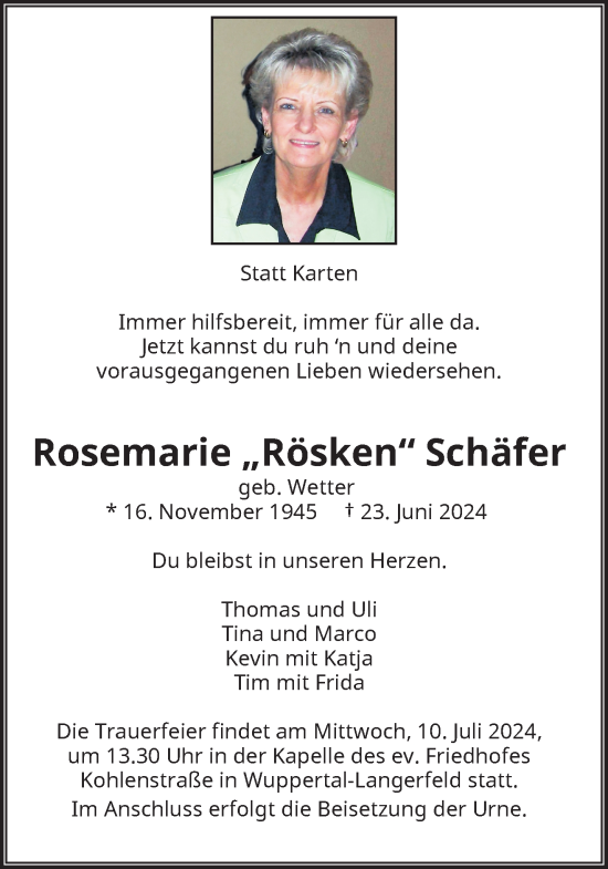 Traueranzeige von Rosemarie Schäfer von trauer.wuppertaler-rundschau.de