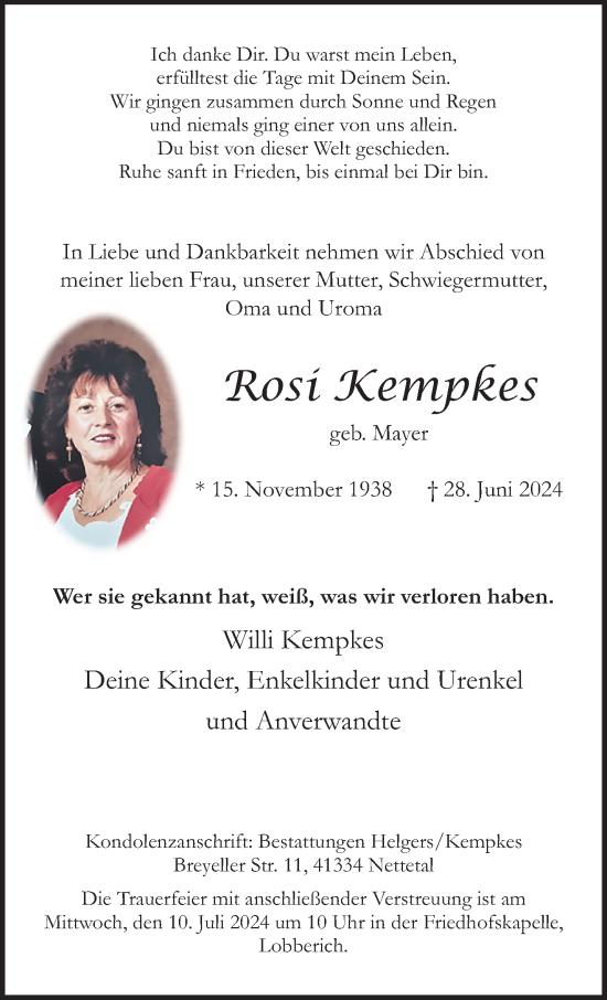 Traueranzeige von Rosi Kempkes von trauer.extra-tipp-moenchengladbach.de
