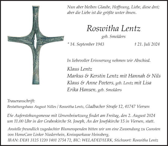 Traueranzeige von Roswitha Lentz von trauer.extra-tipp-moenchengladbach.de