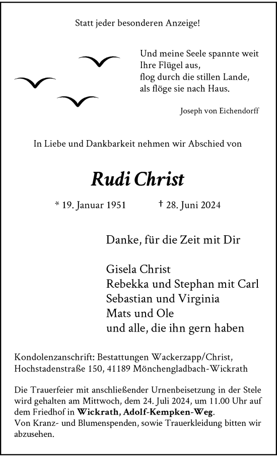 Traueranzeige von Rudi Christ von trauer.extra-tipp-moenchengladbach.de