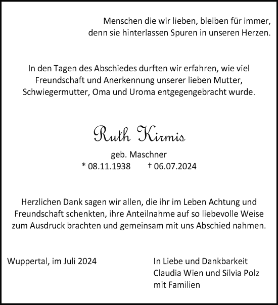 Traueranzeige von Ruth Kirmis von trauer.wuppertaler-rundschau.de