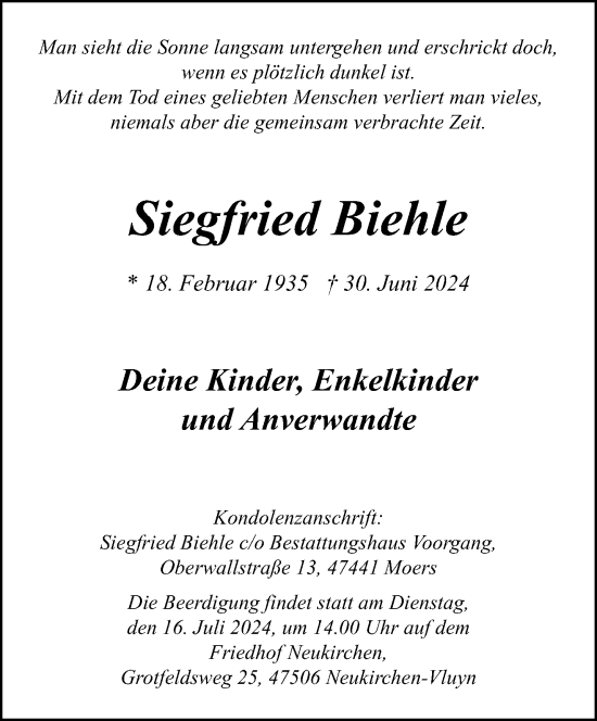 Traueranzeige von Siegfried Biehle von trauer.extra-tipp-moenchengladbach.de