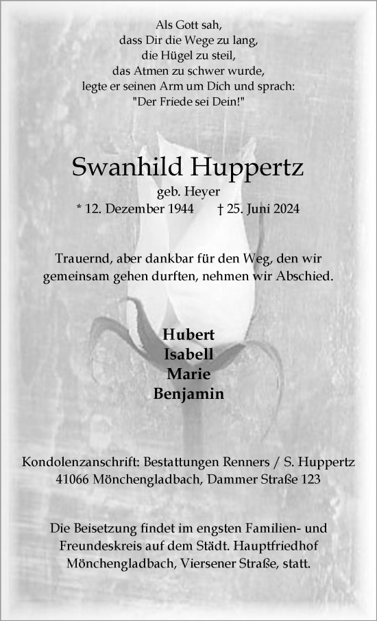 Traueranzeige von Swanhild Huppertz von trauer.extra-tipp-moenchengladbach.de