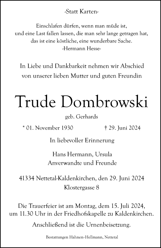Traueranzeige von Trude Dombrowski von trauer.extra-tipp-moenchengladbach.de