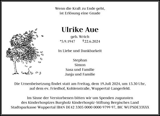 Traueranzeige von Ulrike Aue von trauer.wuppertaler-rundschau.de