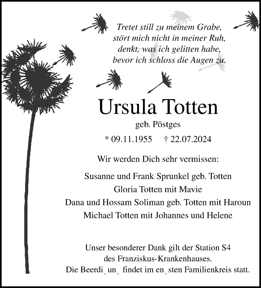  Traueranzeige für Ursula Totten vom 28.07.2024 aus trauer.extra-tipp-moenchengladbach.de