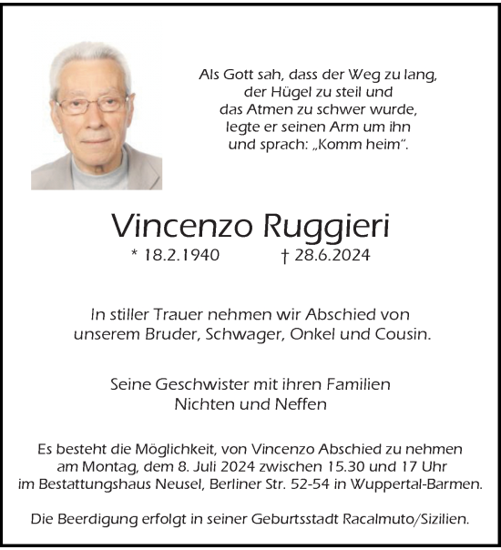 Traueranzeige von Vincenzo Ruggieri von trauer.wuppertaler-rundschau.de