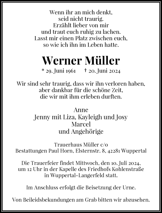 Traueranzeige von Werner Müller von trauer.wuppertaler-rundschau.de