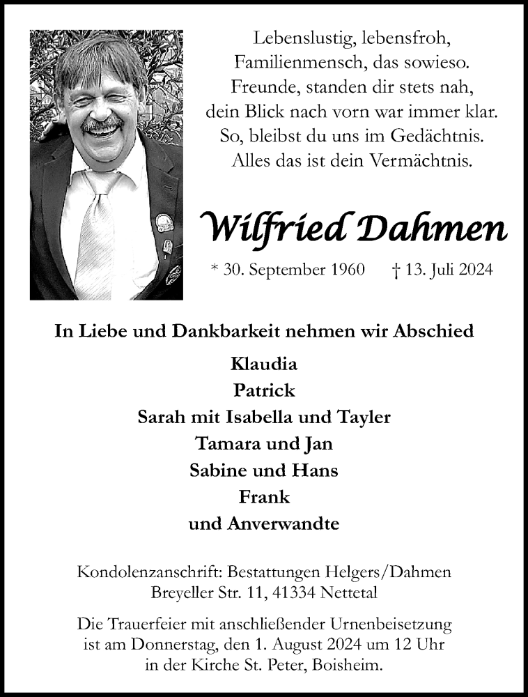  Traueranzeige für Wilfried Dahmen vom 21.07.2024 aus trauer.extra-tipp-moenchengladbach.de