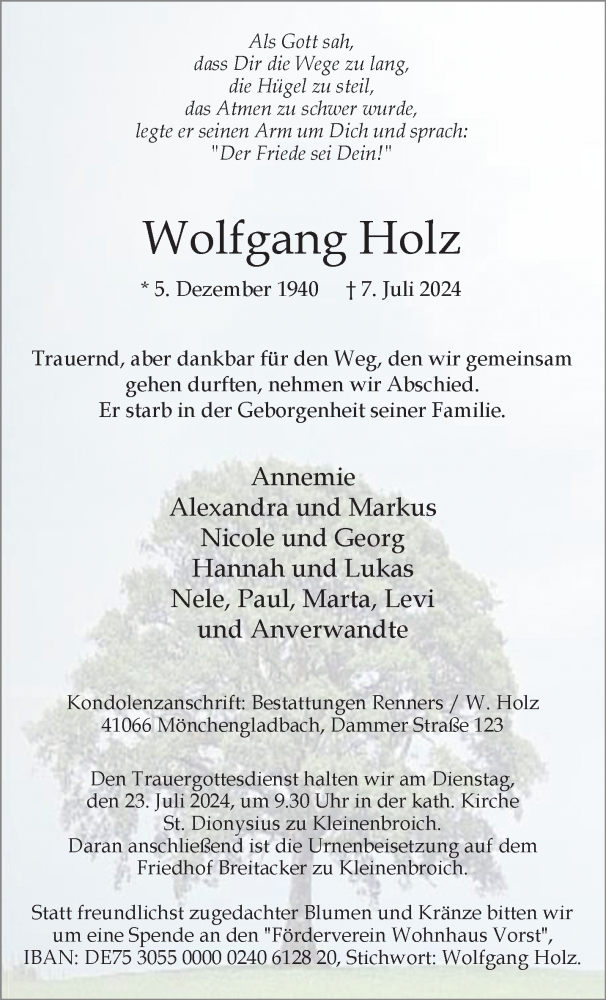  Traueranzeige für Wolfgang Holz vom 21.07.2024 aus trauer.extra-tipp-moenchengladbach.de