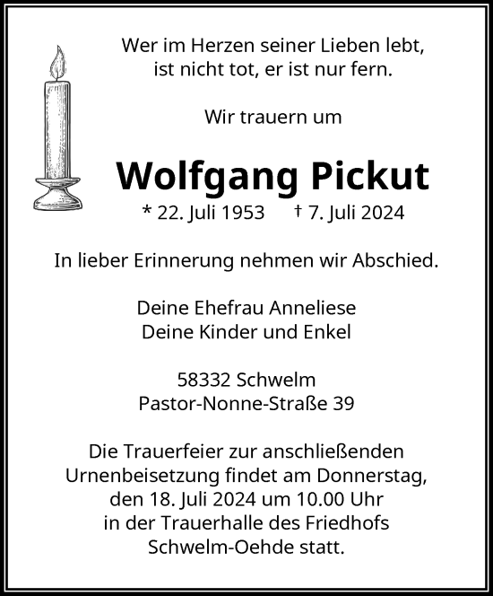 Traueranzeige von Wolfgang Pickut von trauer.wuppertaler-rundschau.de