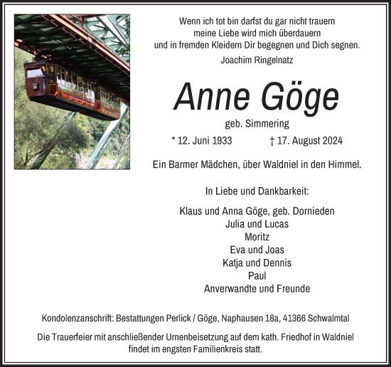 Traueranzeige von Anne Göge von trauer.extra-tipp-moenchengladbach.de