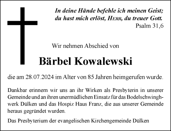 Traueranzeige von Bärbel Kowalewski von trauer.extra-tipp-moenchengladbach.de