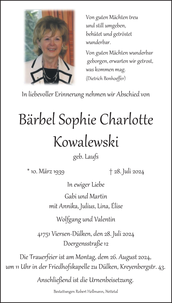 Traueranzeige von Bärbel Sophie Charlotte Kowalewski von trauer.extra-tipp-moenchengladbach.de