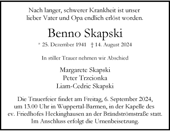 Traueranzeige von Benno Skapski von trauer.wuppertaler-rundschau.de