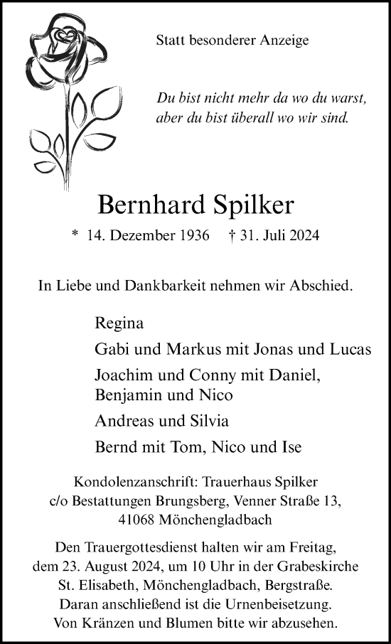 Traueranzeige von Bernhard Spilker von trauer.extra-tipp-moenchengladbach.de