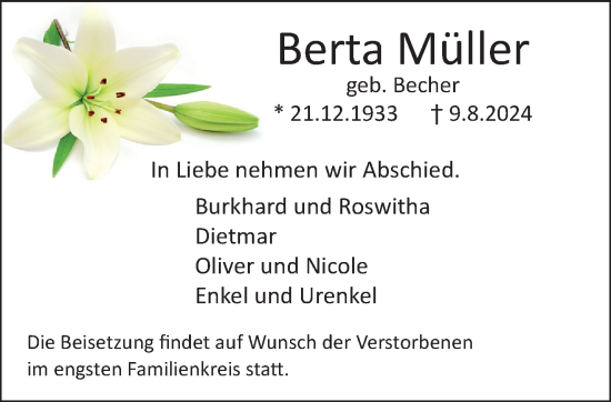 Traueranzeige von Berta Müller von trauer.extra-tipp-moenchengladbach.de