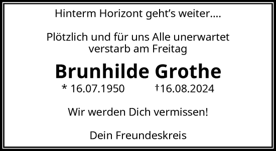 Traueranzeige von Brunhilde Grothe von trauer.wuppertaler-rundschau.de