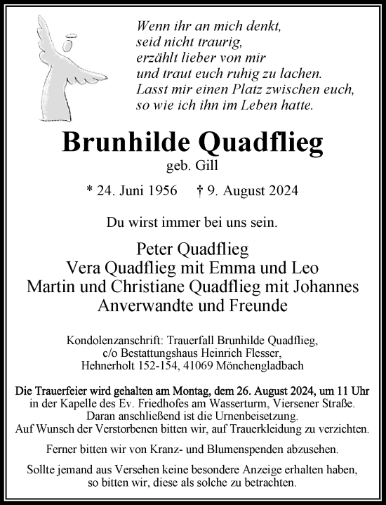 Traueranzeige von Brunhilde Quadflieg von trauer.extra-tipp-moenchengladbach.de