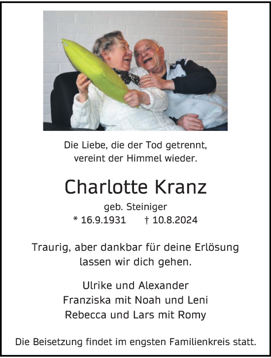 Traueranzeige von Charlotte Kranz von trauer.wuppertaler-rundschau.de