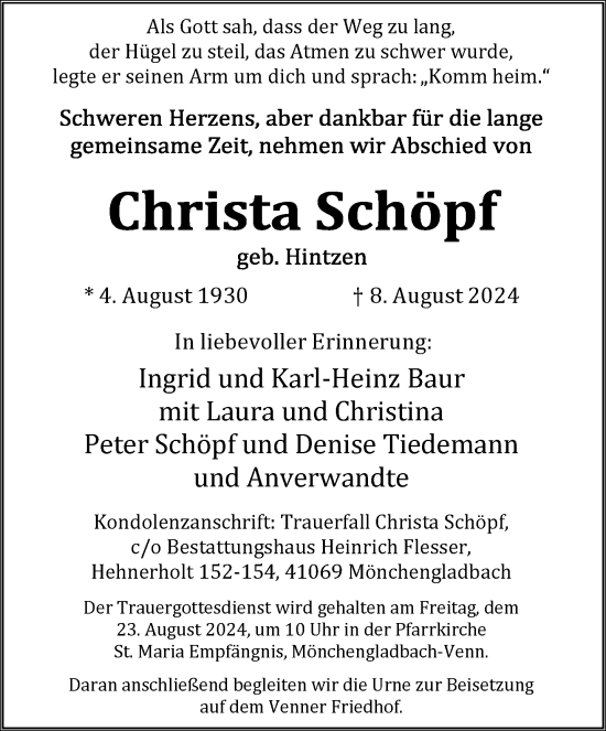 Traueranzeige von Christa Schöpf von trauer.extra-tipp-moenchengladbach.de