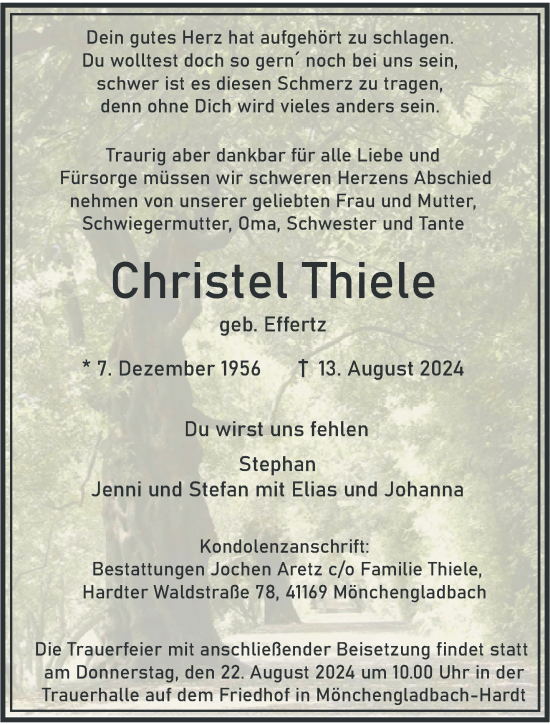 Traueranzeige von Christel Thiele von trauer.extra-tipp-moenchengladbach.de