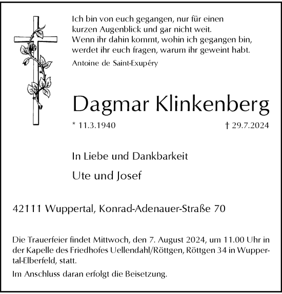 Traueranzeige von Dagmar Klinkenberg von trauer.wuppertaler-rundschau.de