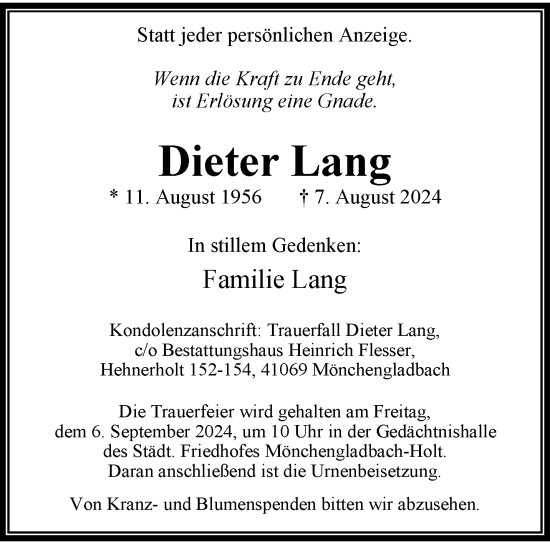 Traueranzeige von Dieter Lang von trauer.extra-tipp-moenchengladbach.de