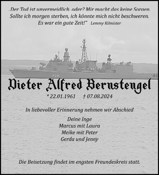 Traueranzeige von Dieter Alfred Bernstengel von trauer.extra-tipp-moenchengladbach.de