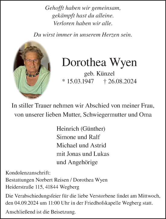 Traueranzeige von Dorothea Wyen von trauer.extra-tipp-moenchengladbach.de