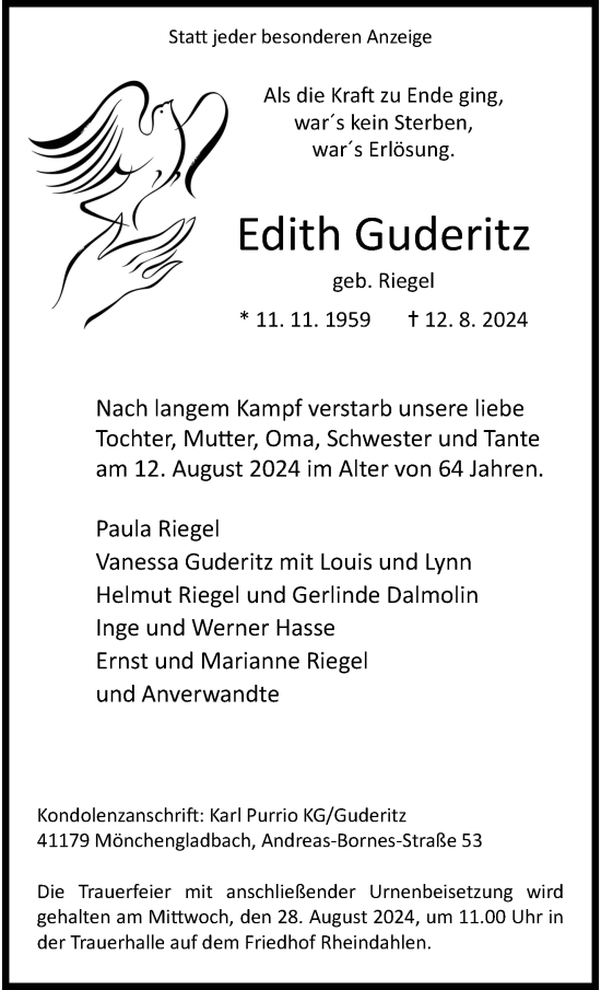 Traueranzeige von Edith Guderitz von trauer.extra-tipp-moenchengladbach.de