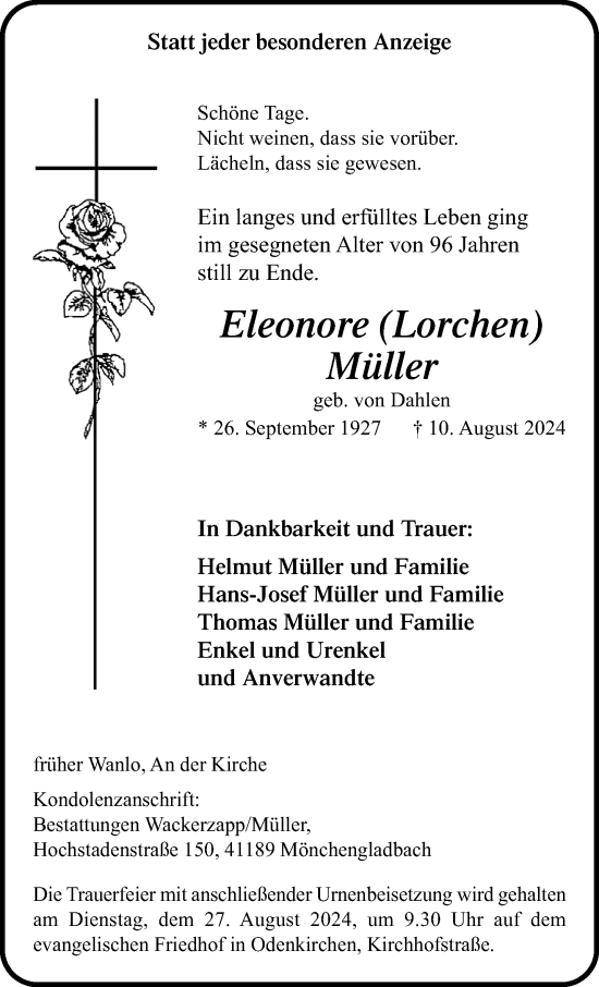 Traueranzeige von Eleonore Müller von trauer.extra-tipp-moenchengladbach.de