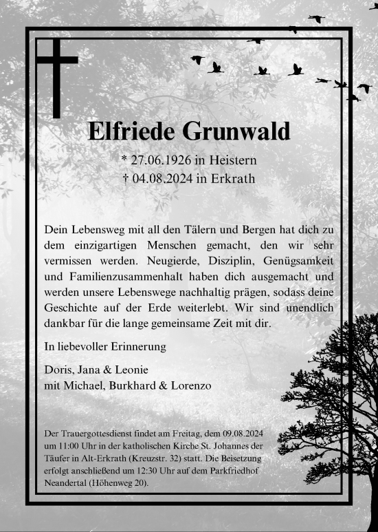 Traueranzeige von Elfriede Grunwald von trauer.duesseldorfer-anzeiger.de