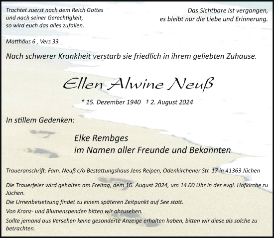 Traueranzeige von Ellen Alwine Neuß von trauer.stadt-kurier.de